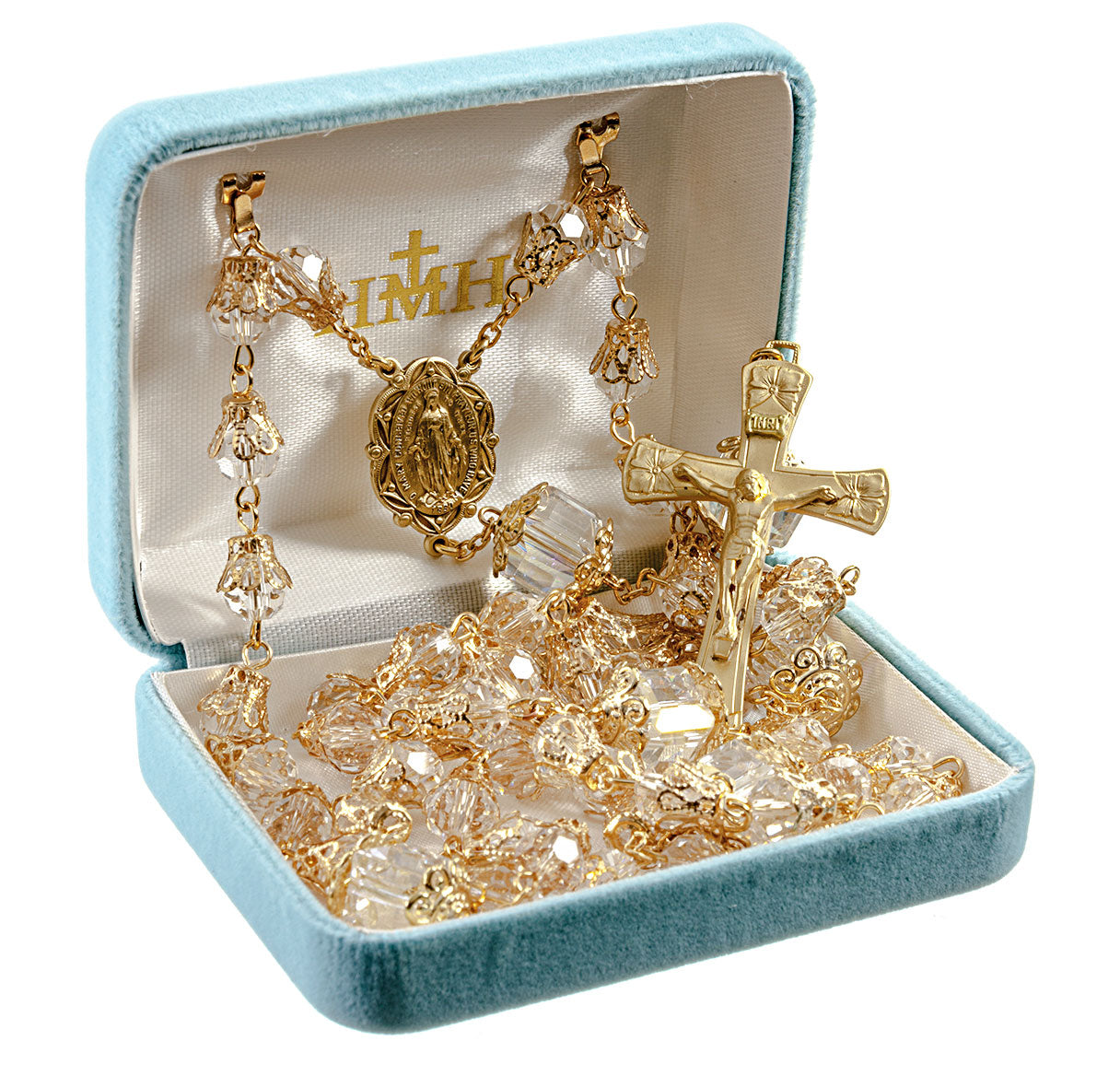 8mm Crystal Faceted Glass Bead Rosary with 12mm  Double Capped O.F. Beads a Solid Brass Crucifix and Center