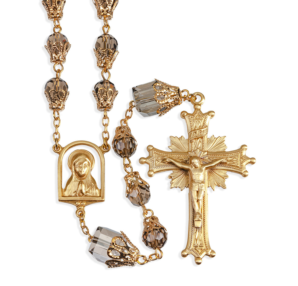 Smoked Toned 8mm Faceted Tulip Capped Rosary W/ Solid Brass Cfx & Ctr-(B38/B180)-Bxd