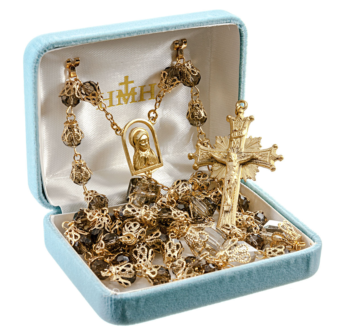 Smoked Toned 8mm Faceted Tulip Capped Rosary W/ Solid Brass Cfx & Ctr-(B38/B180)-Bxd