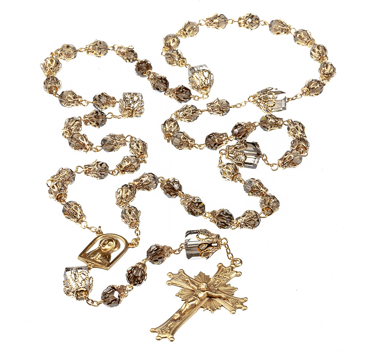 Smoked Toned 8mm Faceted Tulip Capped Rosary W/ Solid Brass Cfx & Ctr-(B38/B180)-Bxd