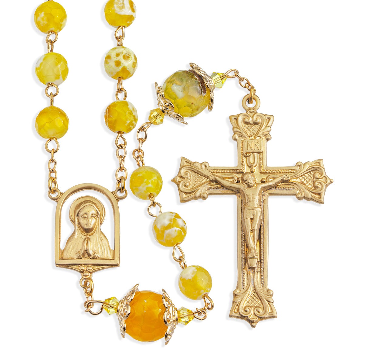 Yellow and White 8mm Marble Glass Rosary 25" W/ Solid Brass Cfx & Ctr-(B38/B109)-Bxd