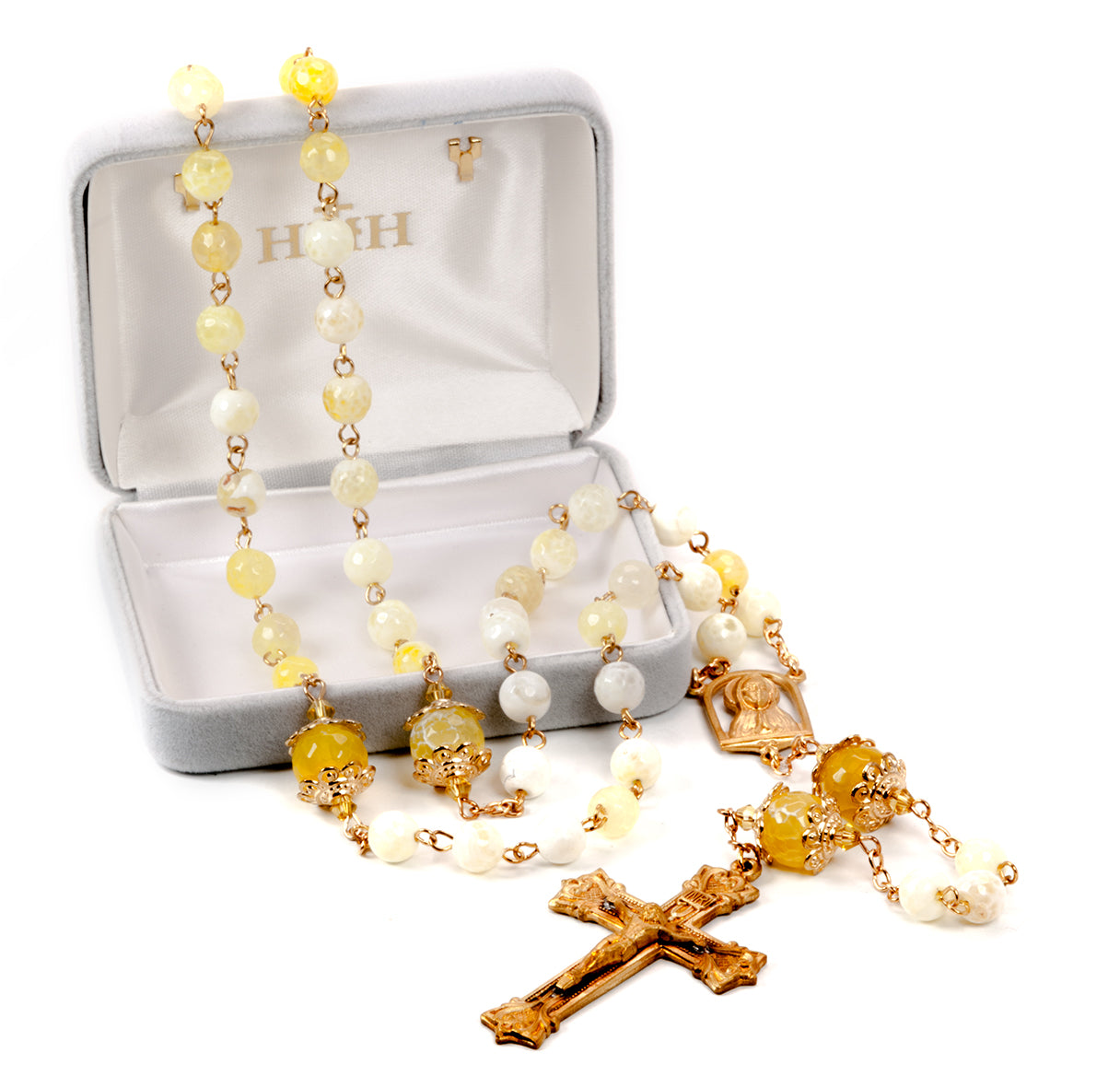 Yellow and White 8mm Marble Glass Rosary 25" W/ Solid Brass Cfx & Ctr-(B38/B109)-Bxd