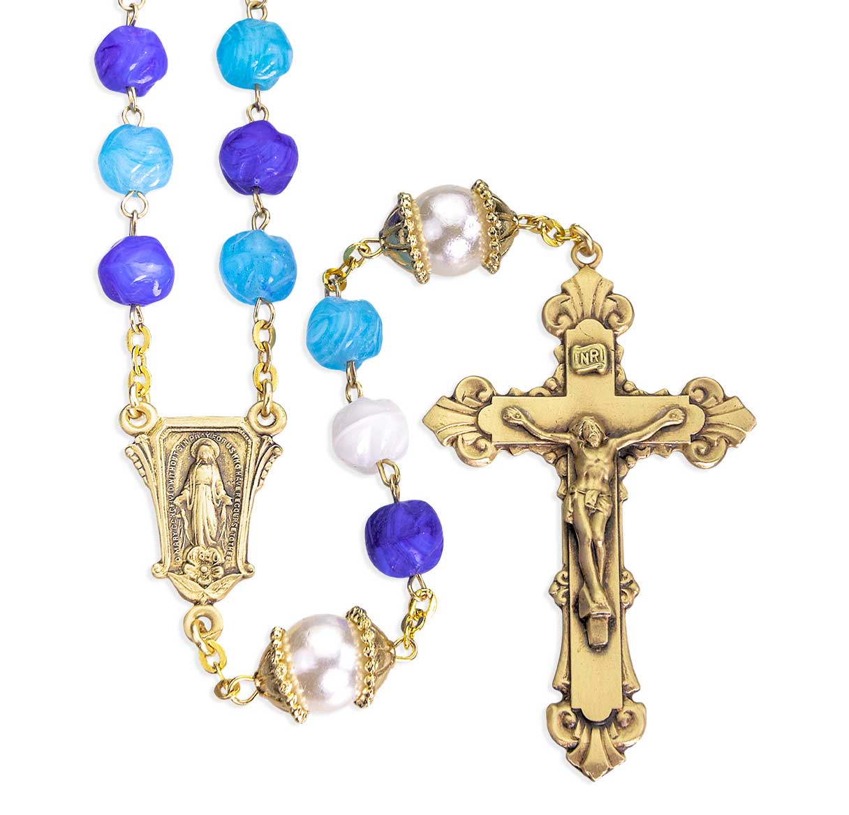 8mm Aqua & Blue Glass Bead Rosary with Solid Brass Center & Crucifix