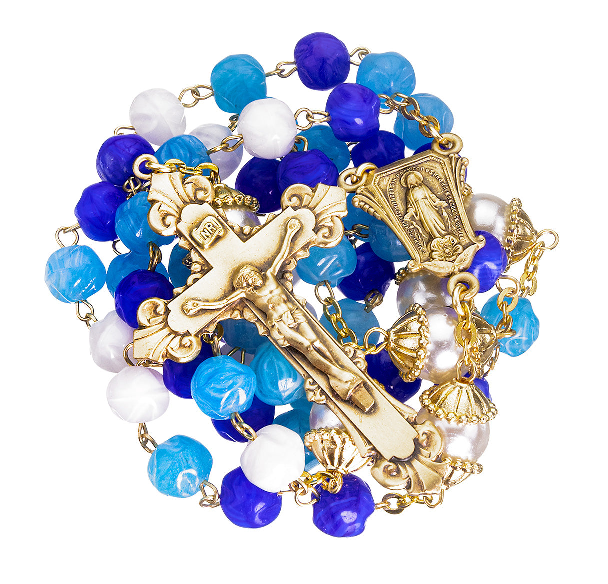 8mm Aqua & Blue Glass Bead Rosary with Solid Brass Center & Crucifix