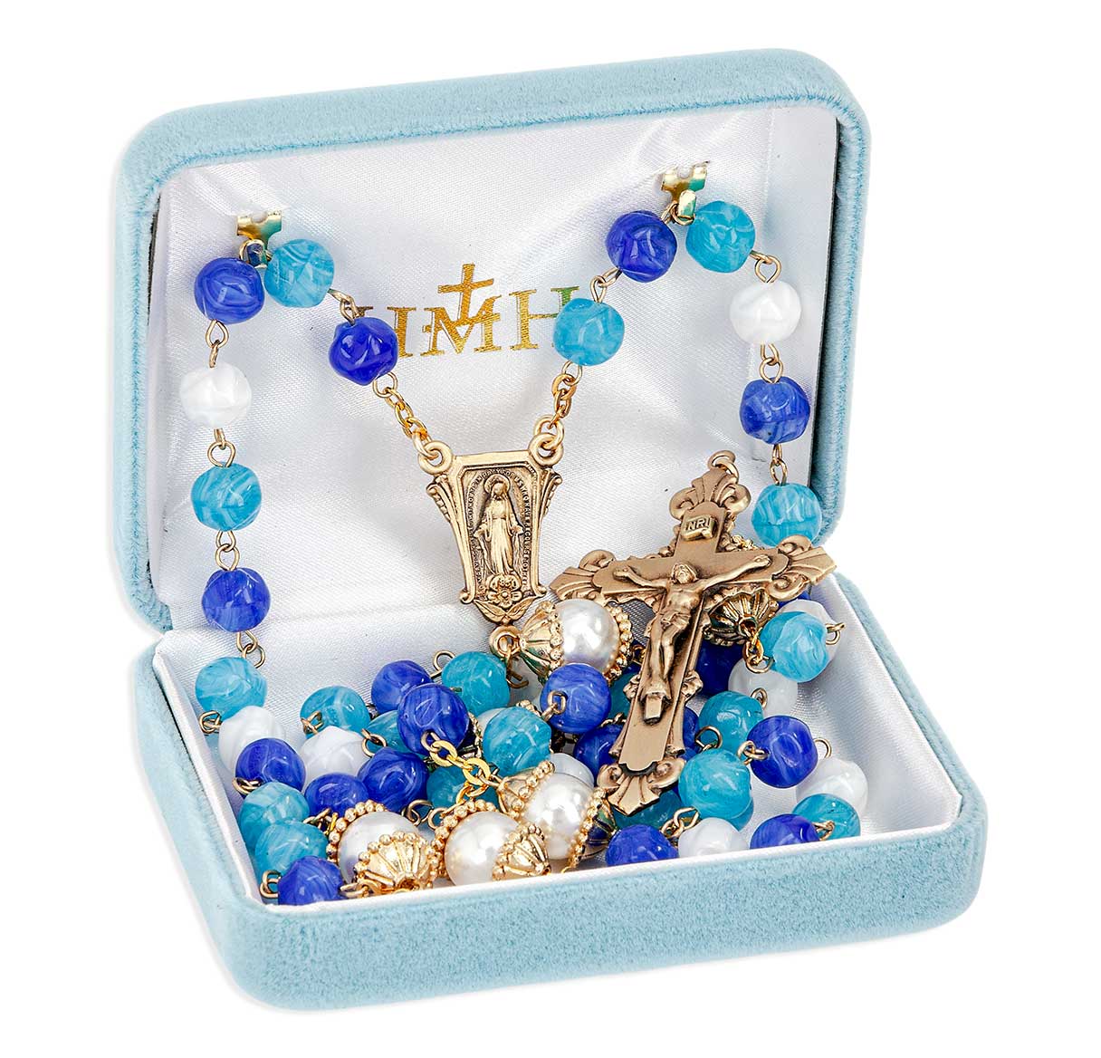 8mm Aqua & Blue Glass Bead Rosary with Solid Brass Center & Crucifix