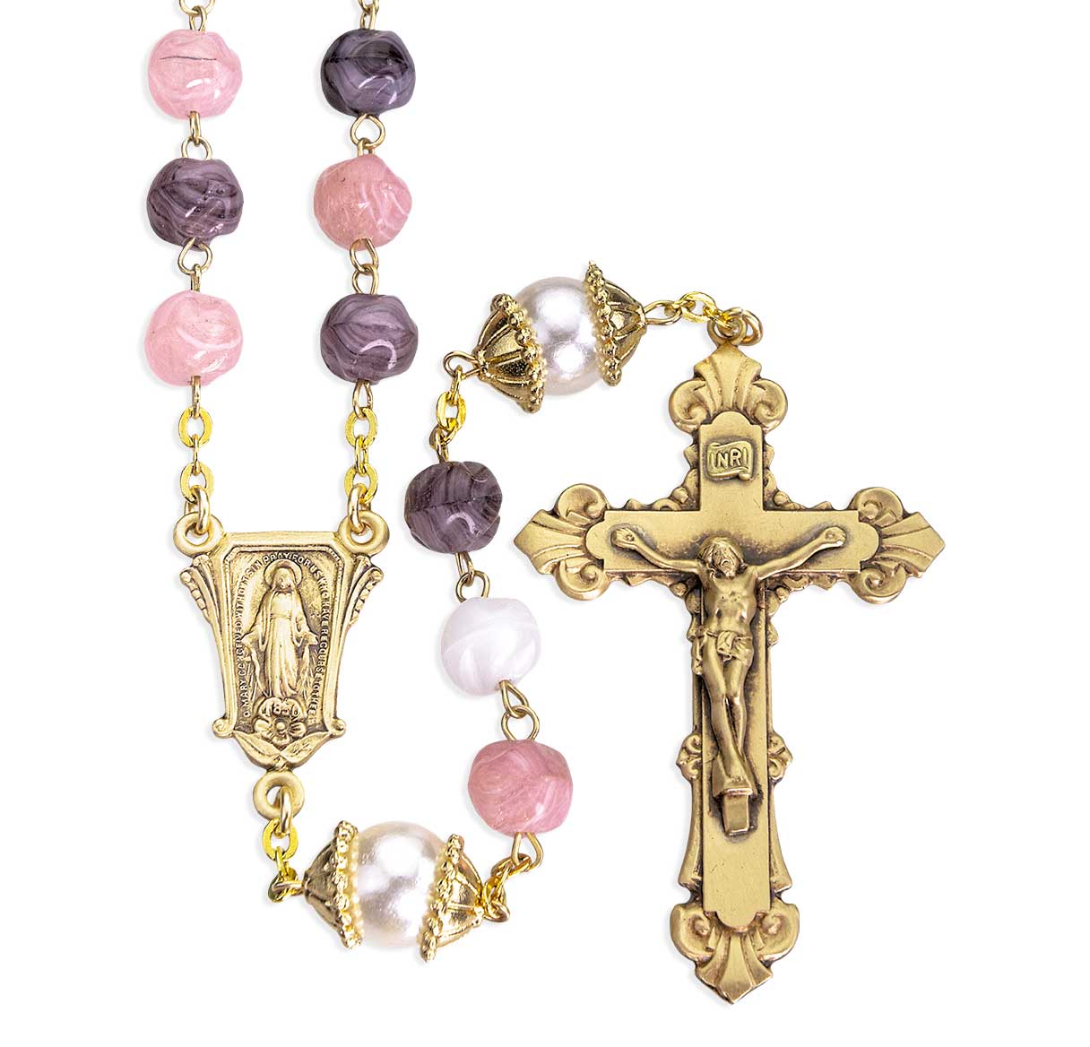 Pink & Violet 8mm Glass Bead Rosary with Solid Brass Center & Crucifix- W/(B28108/B51320)-Bxd