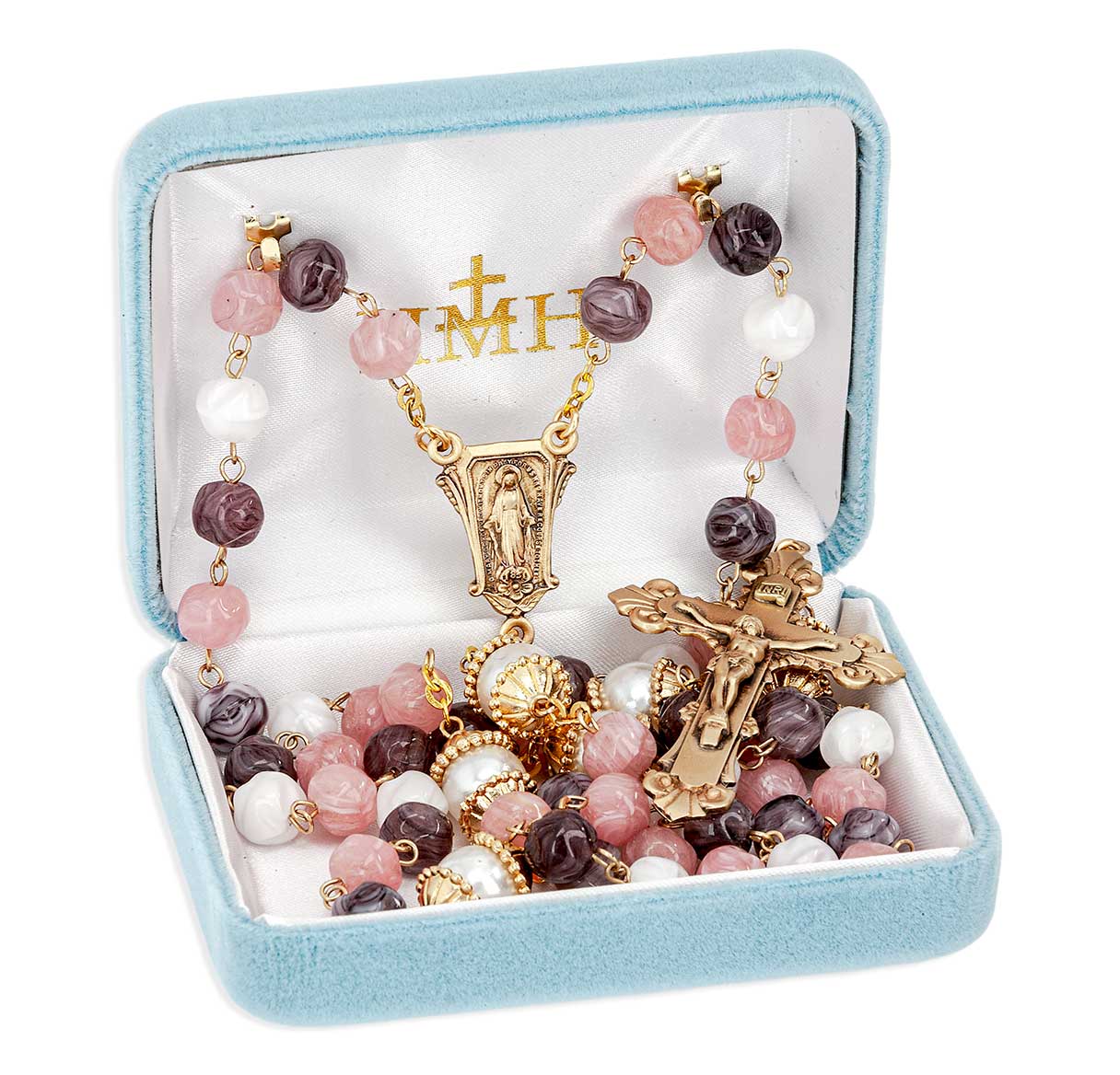 Pink & Violet 8mm Glass Bead Rosary with Solid Brass Center & Crucifix- W/(B28108/B51320)-Bxd