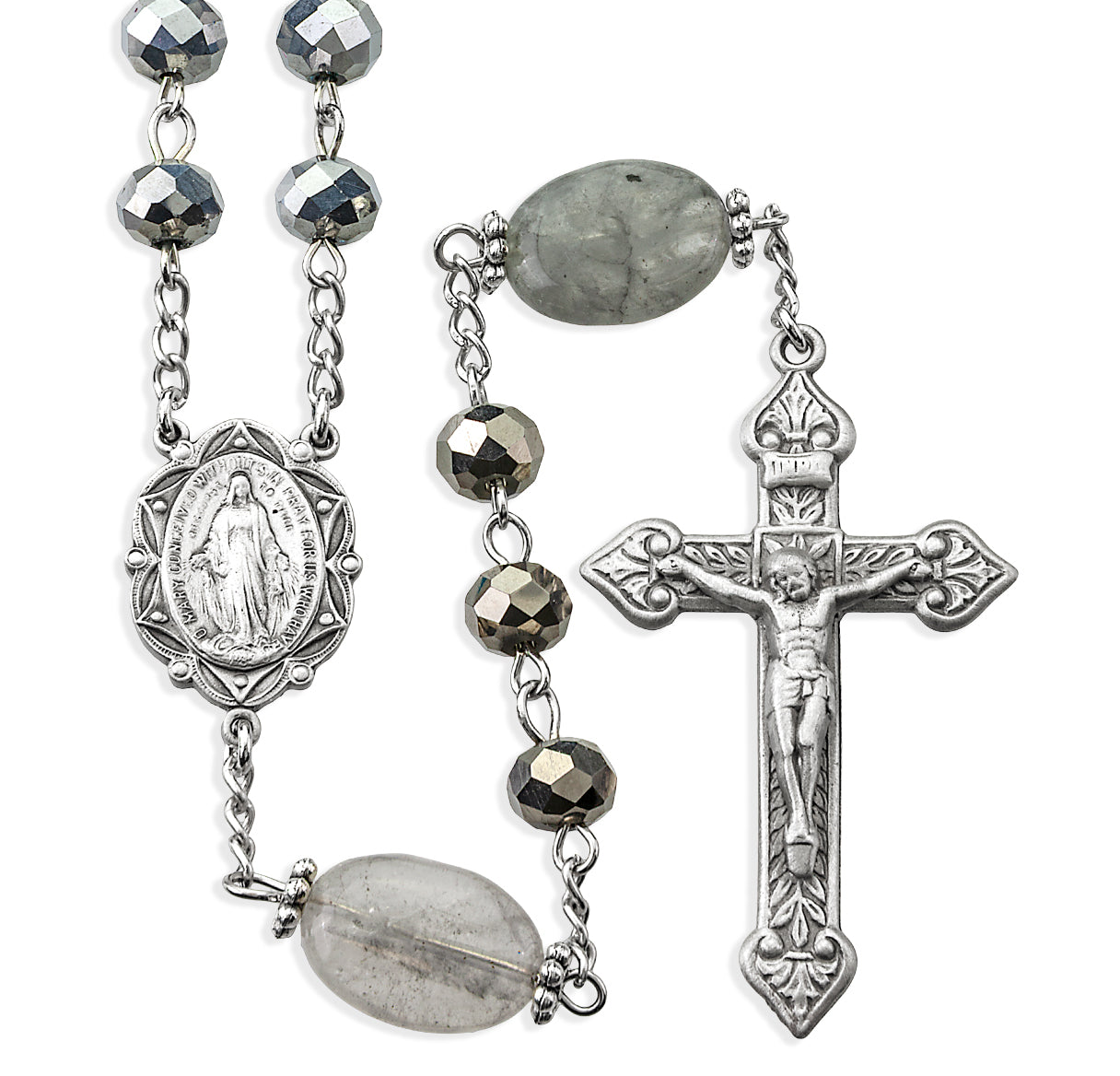 8mm Silver Vitriol Glass Beads W/ 20x12mm Oblong Smoke Glass O.F. Bead Rosary W/ Pewter Cfx & Ctr-( P95/ P171)-Bxd