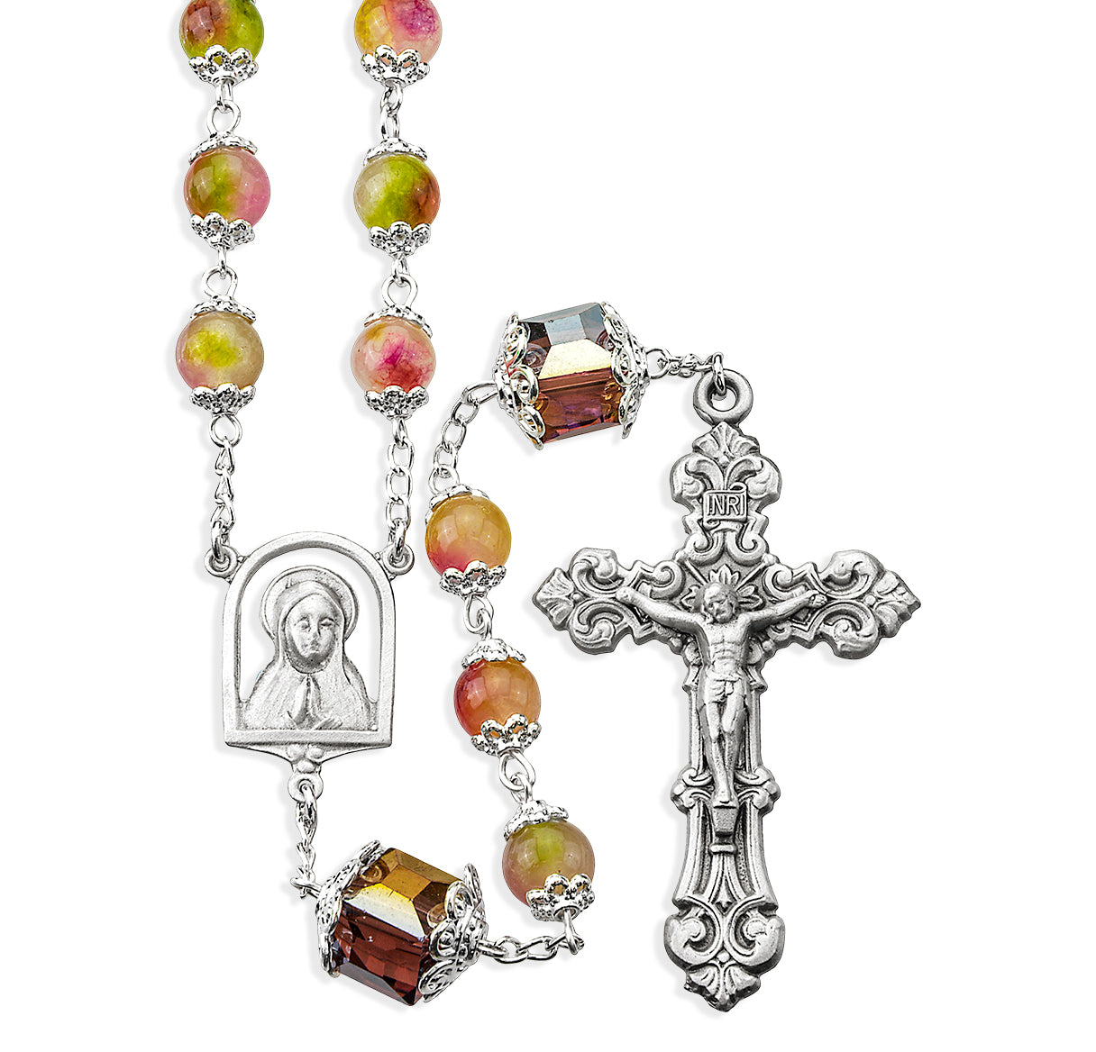 8mm Multi Color Doubled Capped Rose Glass Bead Rosary W/ 10mm Cube O.F. Beads W/ Pewter Cfx & Ctr-(P38/P157)-Bxd