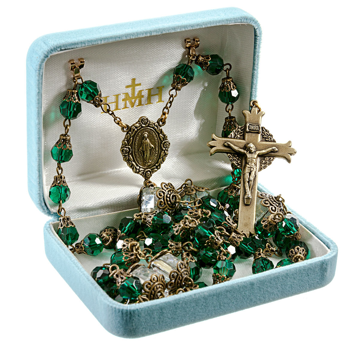 8mm Emerald Green Faceted Glass Beads with Antique Brass Bend Caps Crucifix and Centerpiece