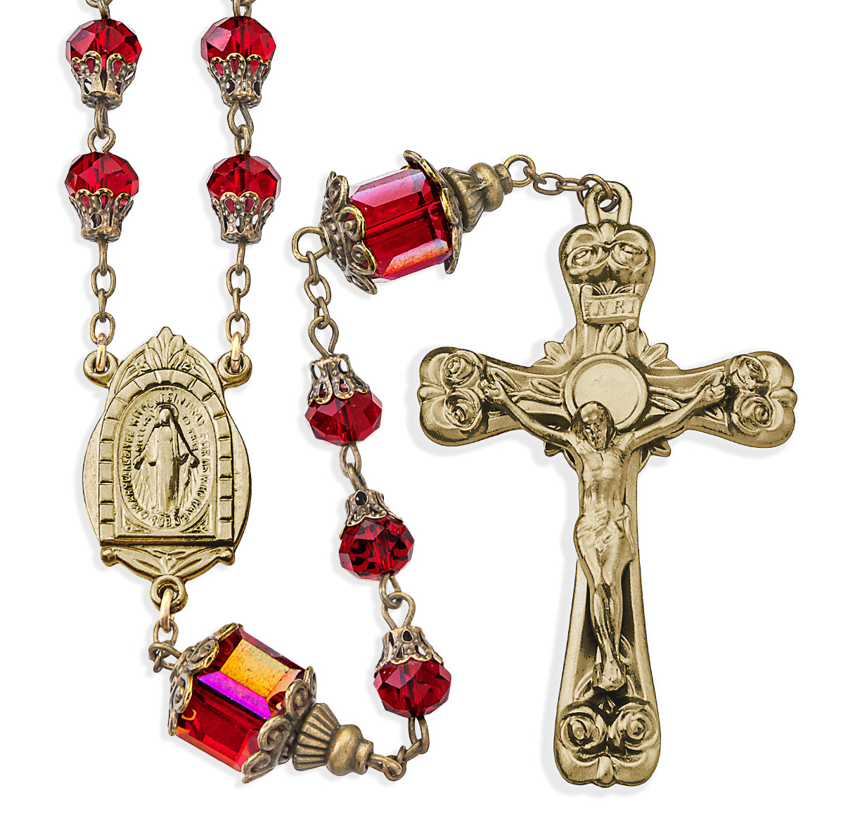 8mm Ruby Glass Faceted Capped Beads W/ 10mm O.F. Cube Beads W/ Antique Brass Cfx & Ctr- (P28107GO/P51391GO)-Bxd
