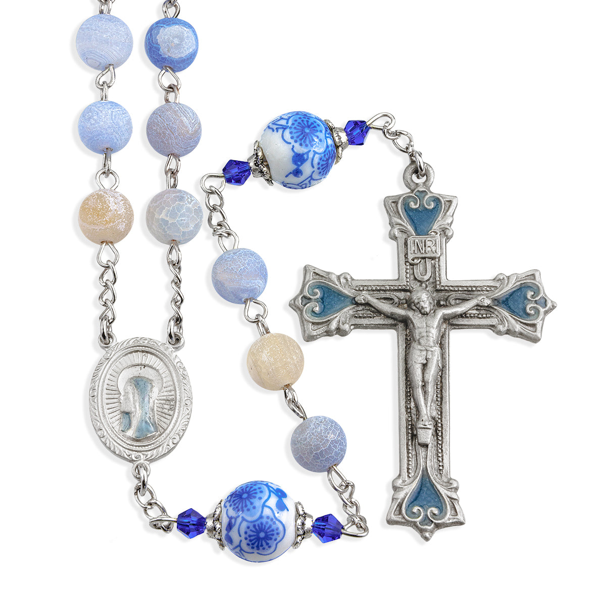 Light Blue 8mm Marblehead Glass Rosary W/ Pewter Cfx & Ctr-(P366BL/P109BL)-Bxd