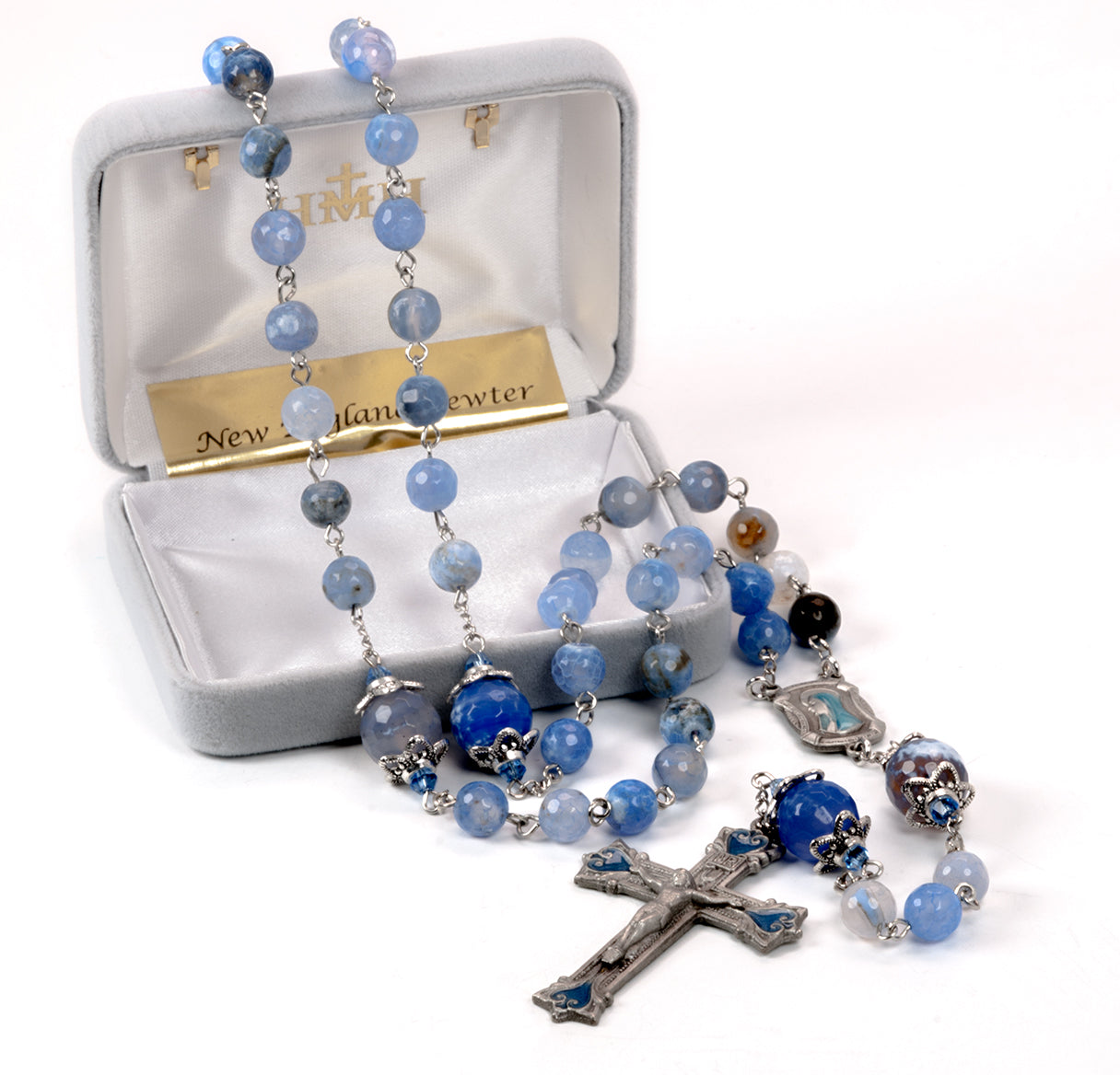 Light Blue 8mm Marblehead Glass Rosary W/ Pewter Cfx & Ctr-(P366BL/P109BL)-Bxd