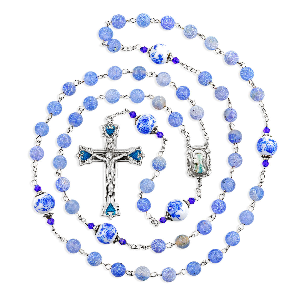 Light Blue 8mm Marblehead Glass Rosary W/ Pewter Cfx & Ctr-(P366BL/P109BL)-Bxd