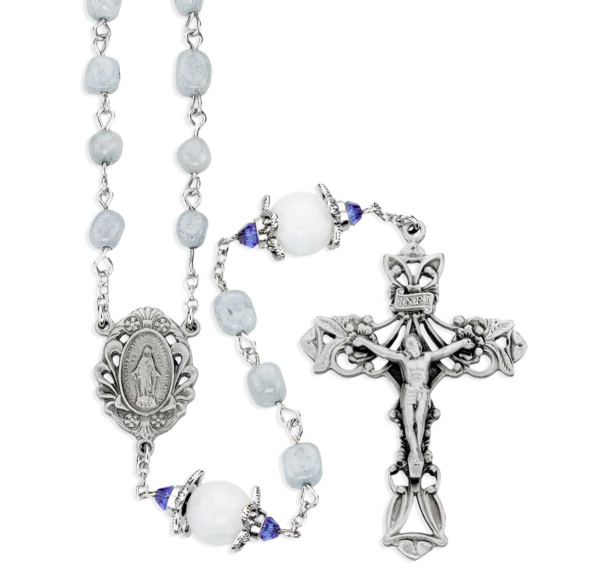 6-8mm Light Grey Marbel Glass Rosary W/ 10mm White Capped O.F. Beads/ Pewter Crucifix & Center