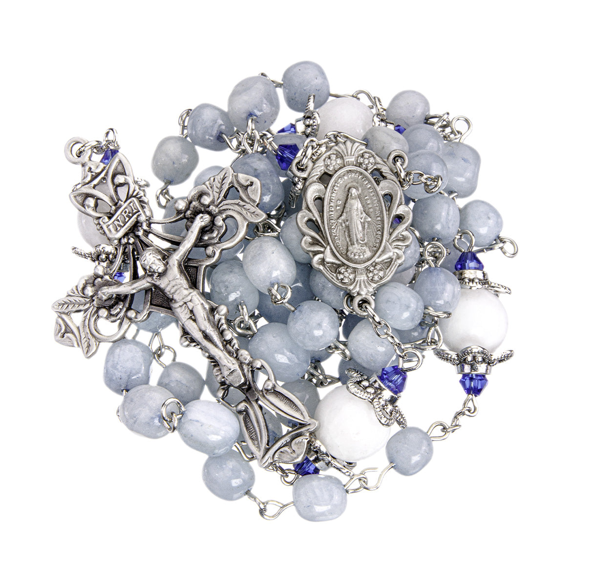 6-8mm Light Grey Marbel Glass Rosary W/ 10mm White Capped O.F. Beads/ Pewter Crucifix & Center