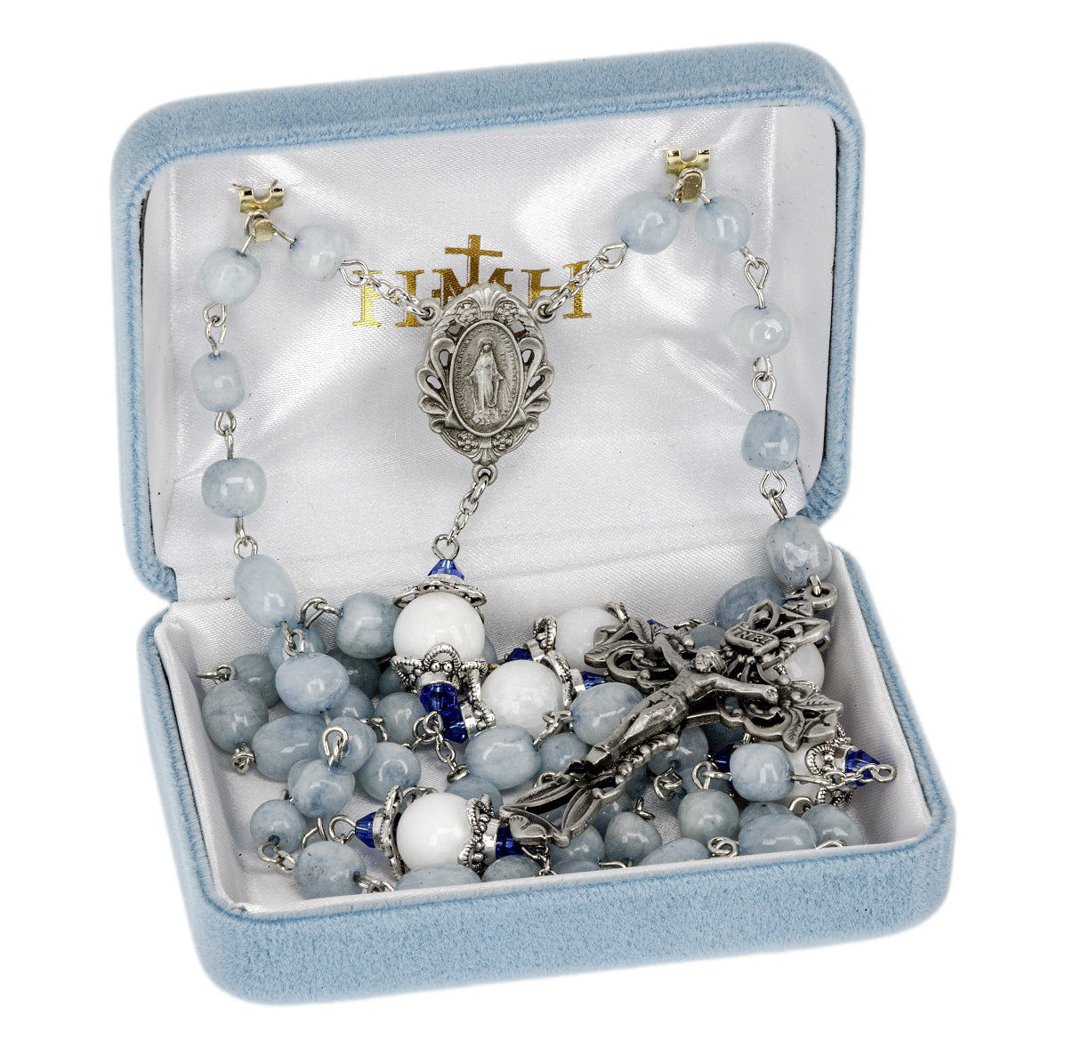 6-8mm Light Grey Marbel Glass Rosary W/ 10mm White Capped O.F. Beads/ Pewter Crucifix & Center
