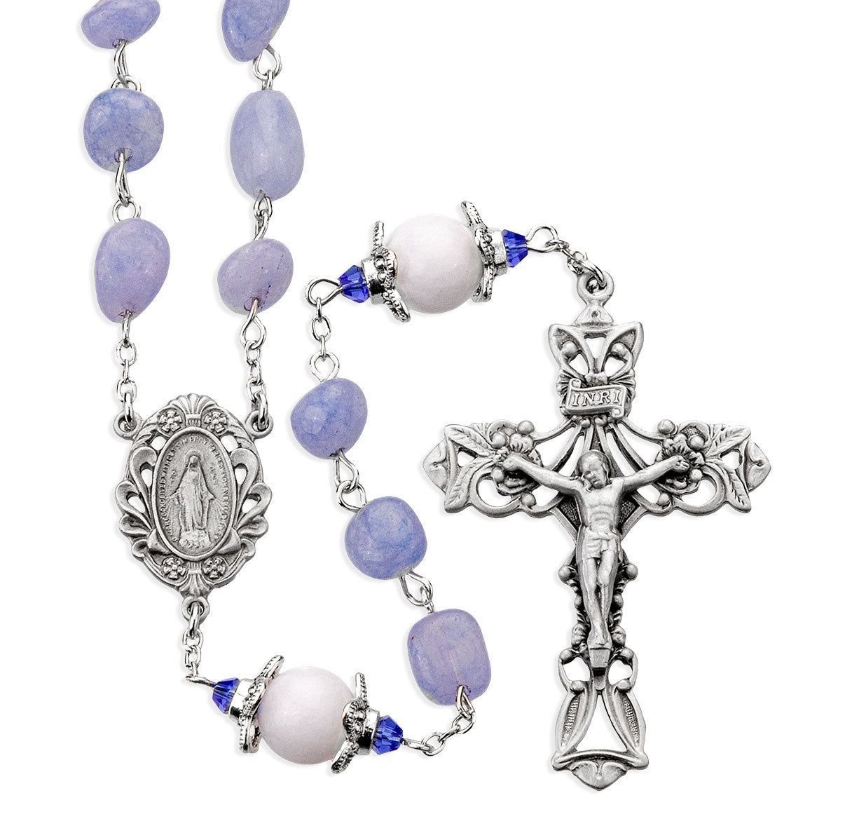 6-8mm Light Blue Marbel Glass Rosary W/ 10mm White Capped O.F. Beads/ Pewter Crucifix & Center