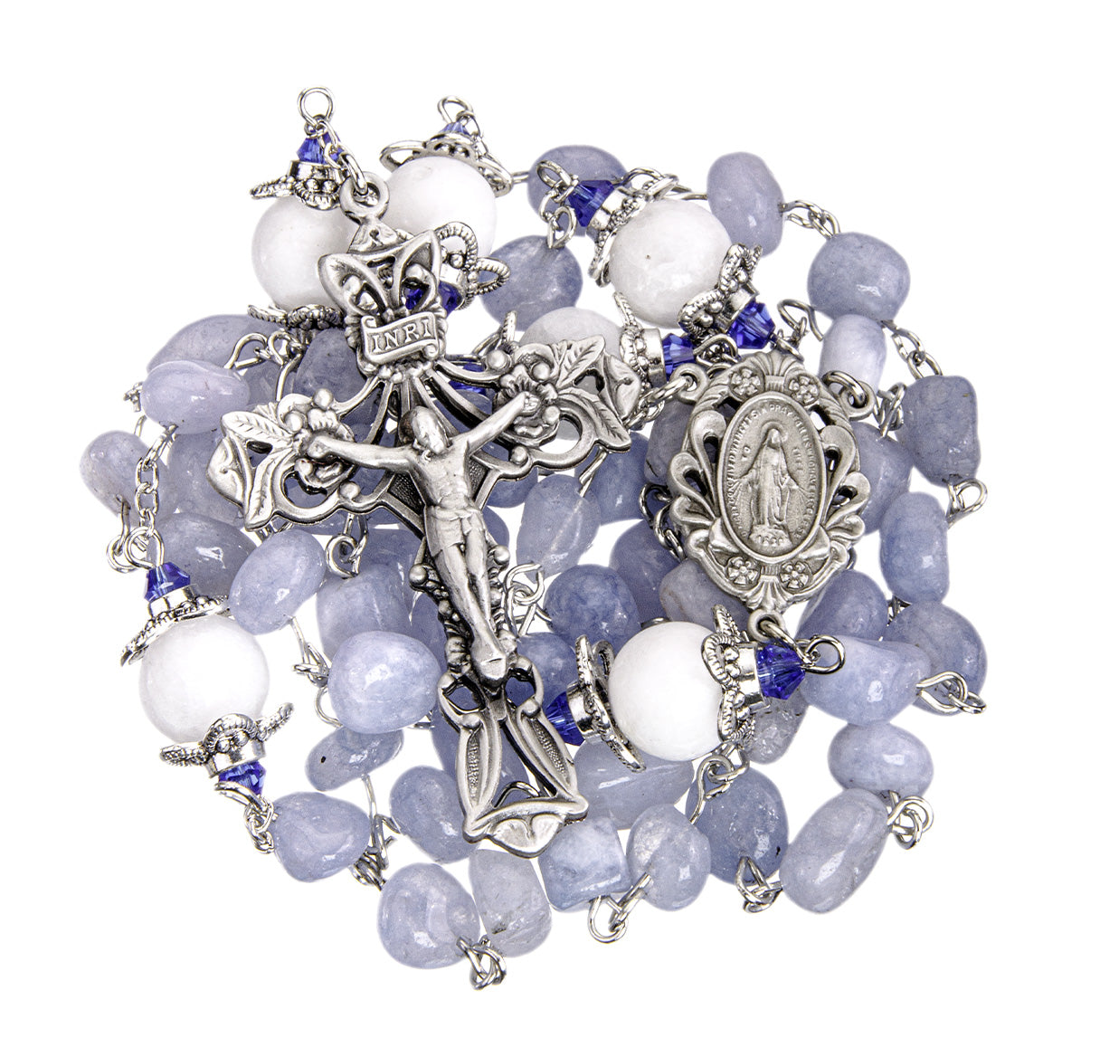 6-8mm Light Blue Marbel Glass Rosary W/ 10mm White Capped O.F. Beads/ Pewter Crucifix & Center