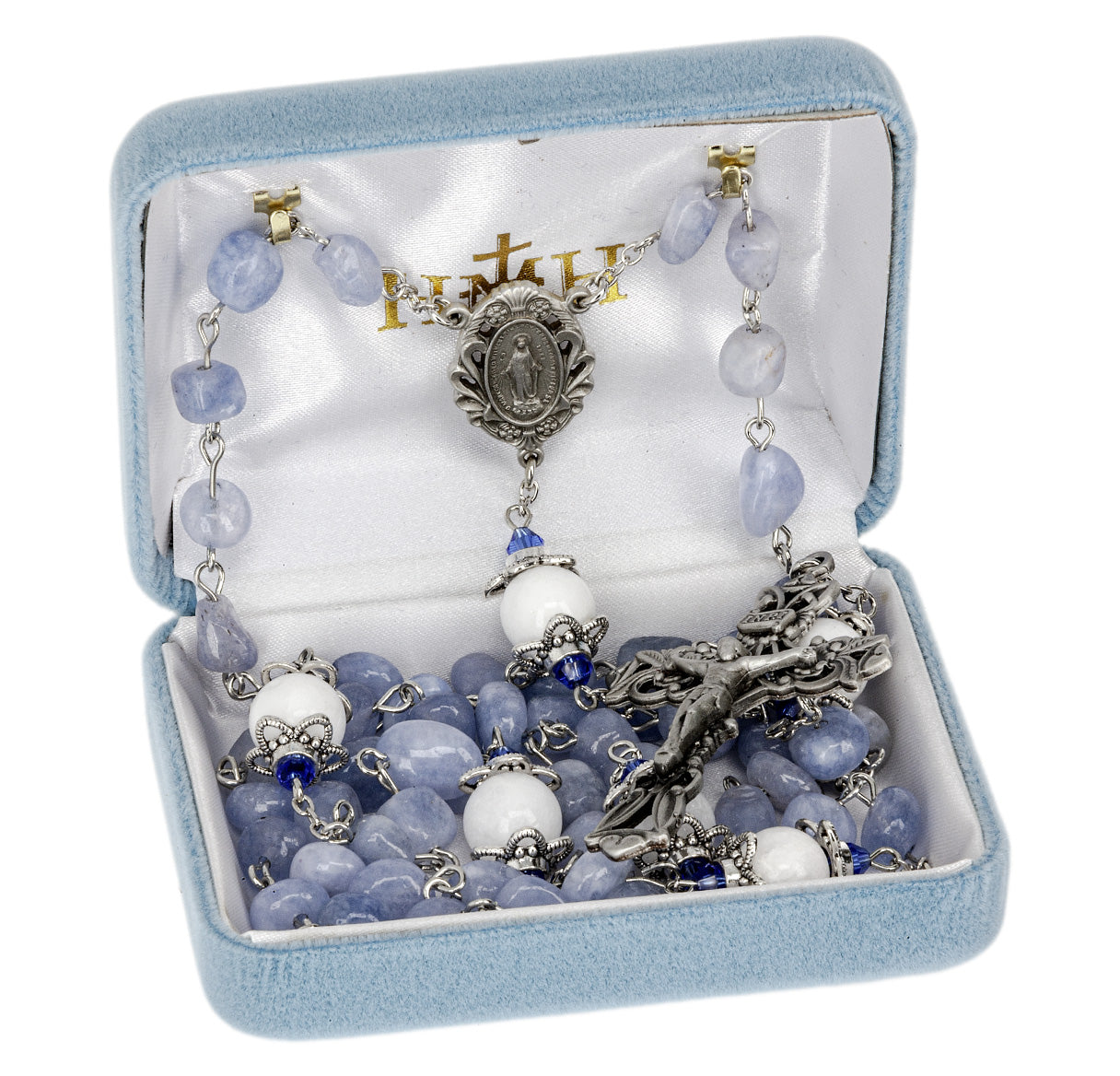 6-8mm Light Blue Marbel Glass Rosary W/ 10mm White Capped O.F. Beads/ Pewter Crucifix & Center