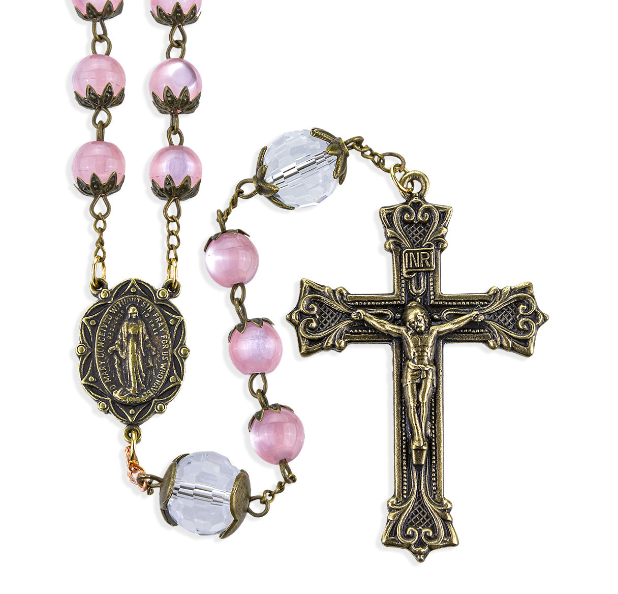 8mm Antinque Bronze Finsh Pink Cat's Eye Glass Rosary W/12mm Capped O.F. Bead & Bronze Finish Center & Crucifix-(P95GO/P109GO)-Bxd