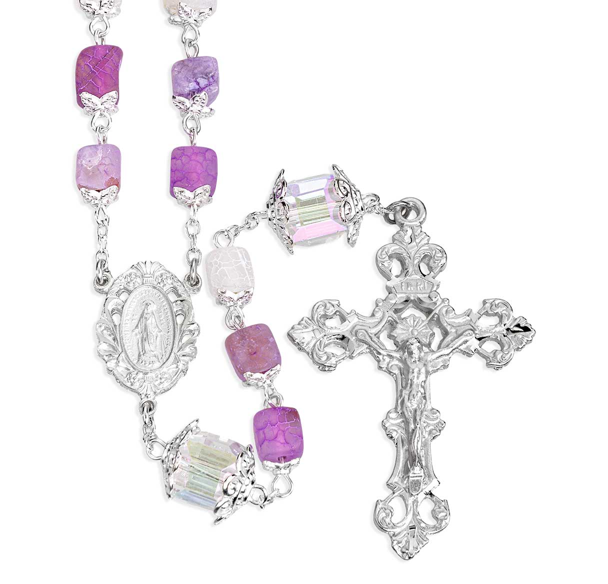 7mm Square Multi Shade Frosted Amethyst Crackle Glass Capped Beads W/10mm Square Double Capped Crystal O.F. Beads