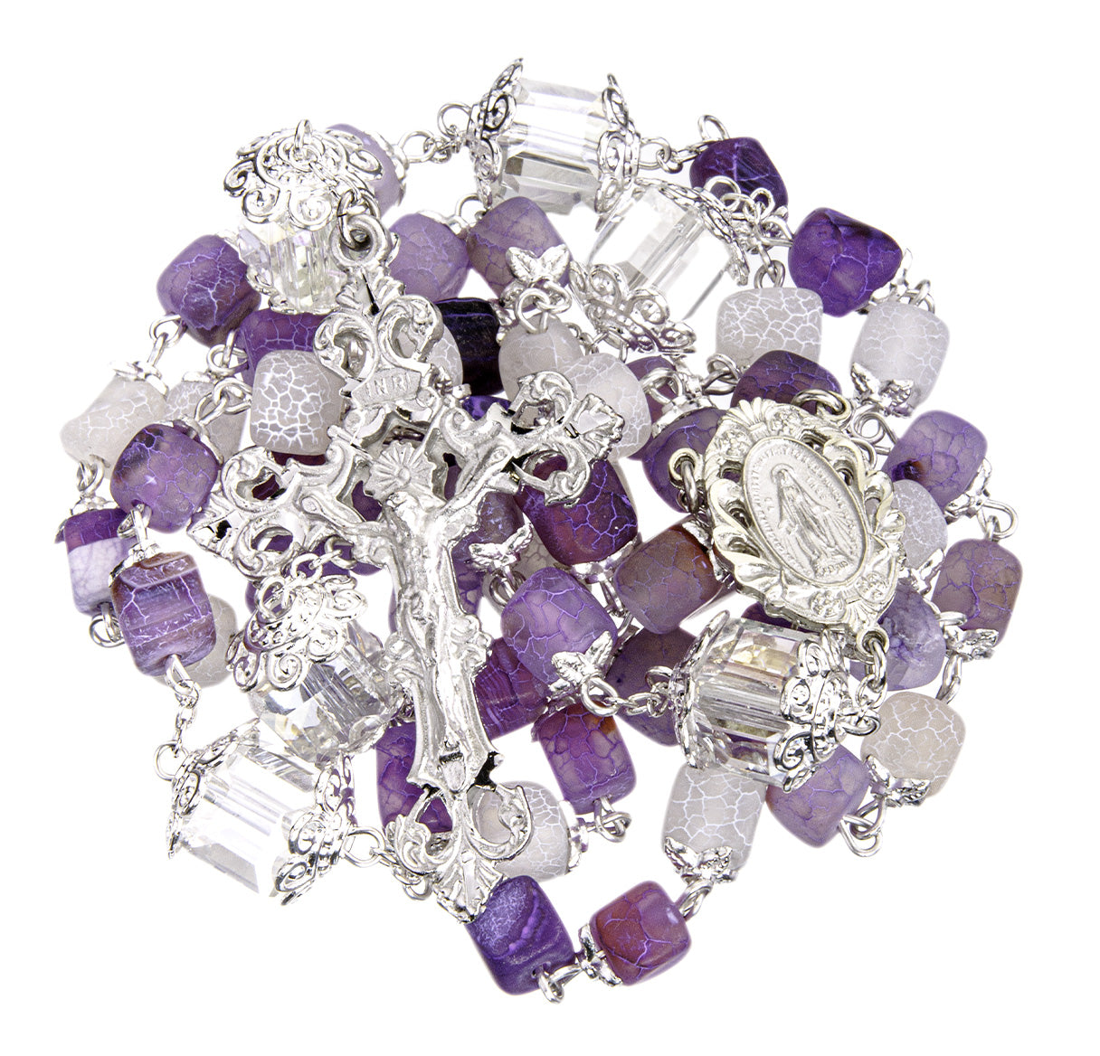 7mm Square Multi Shade Frosted Amethyst Crackle Glass Capped Beads W/10mm Square Double Capped Crystal O.F. Beads