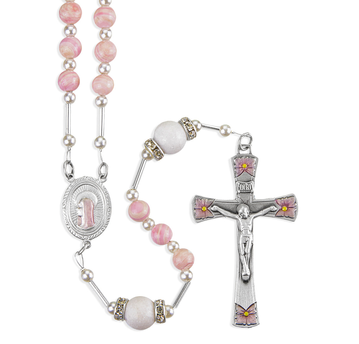 6mm Wired Pink Agate Rosary with Pewter Epoxy Crucifix & Center-(P368PK/P137PK)-Bxd