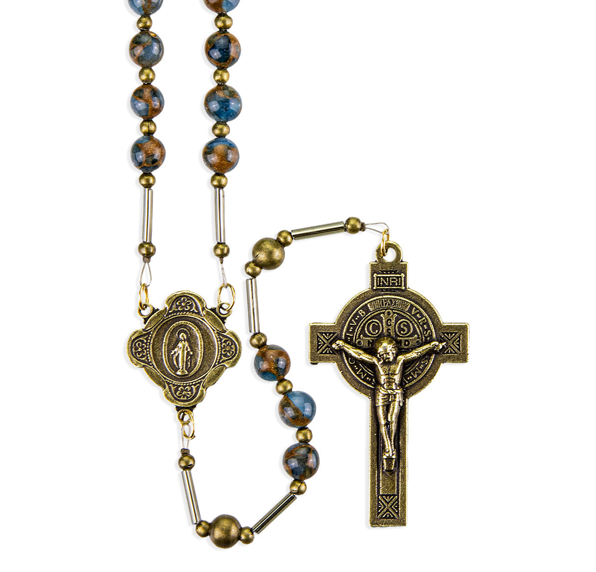 6mm Copper & Turquise Agate Stone Beads W/ Bronze Finish Crucifix & Center-(P28009GO/P188GO)-Bxd