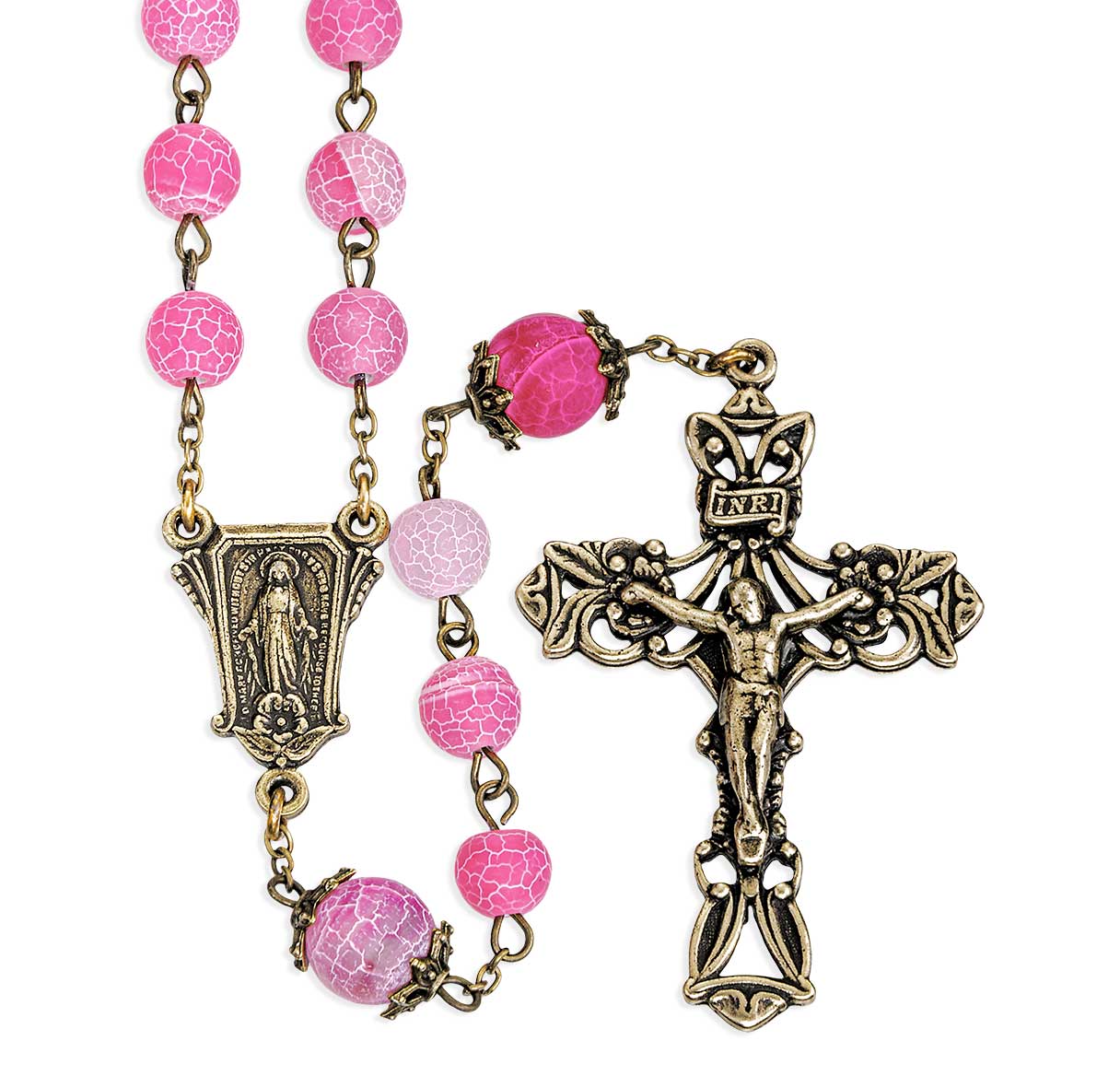 8mm Pink Crackled Glass Bead W/ 10mm Double Capped O.F Bead Rosary in Antique Bronze Finish Crucifix & Center