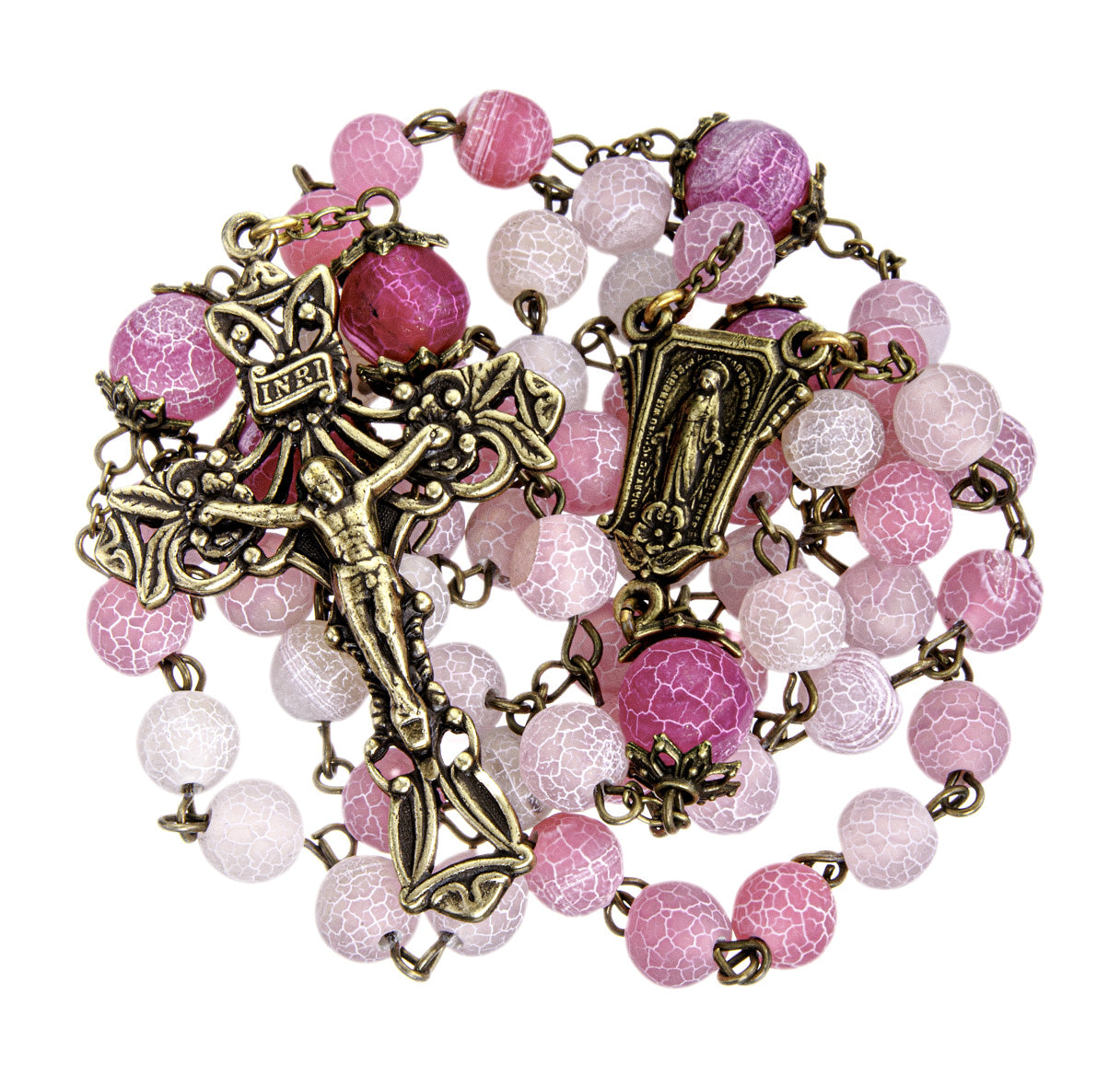 8mm Pink Crackled Glass Bead W/ 10mm Double Capped O.F Bead Rosary in Antique Bronze Finish Crucifix & Center