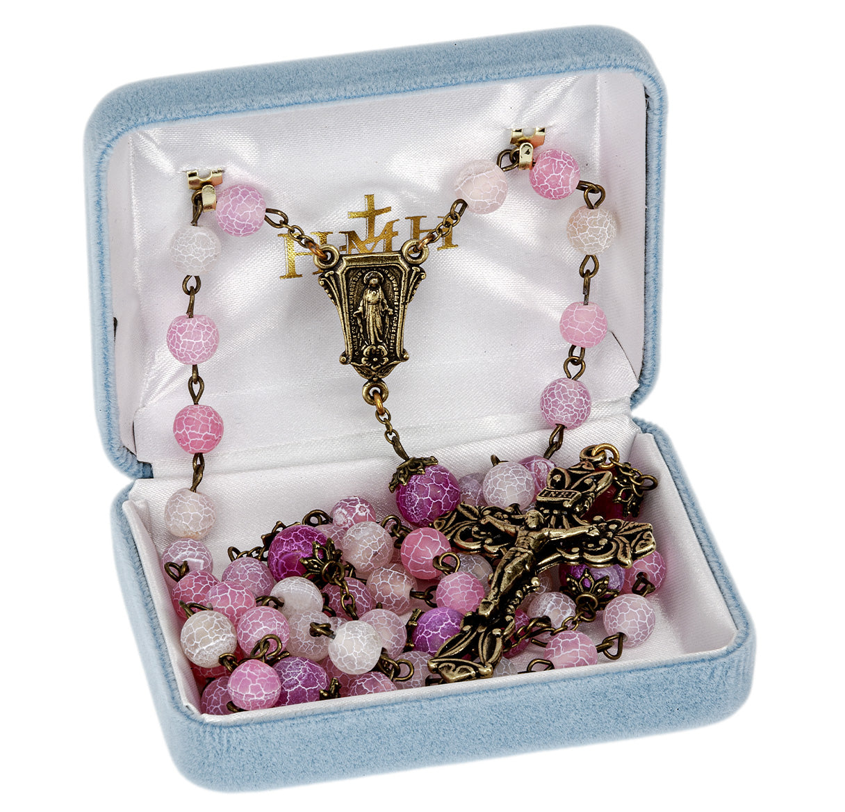 8mm Pink Crackled Glass Bead W/ 10mm Double Capped O.F Bead Rosary in Antique Bronze Finish Crucifix & Center