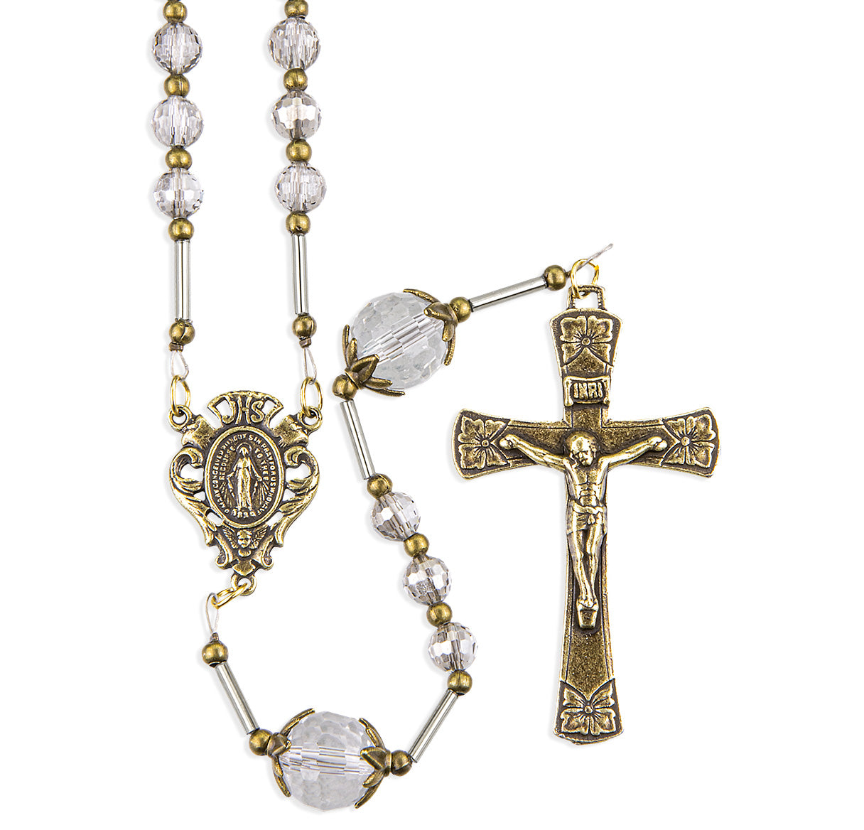 Antique Bronze Finish 6mm Grey Crystal Faceted Rosary W/ Bronze Finish Crucifix & Center-(P28100GO/P137GO)-Bxd