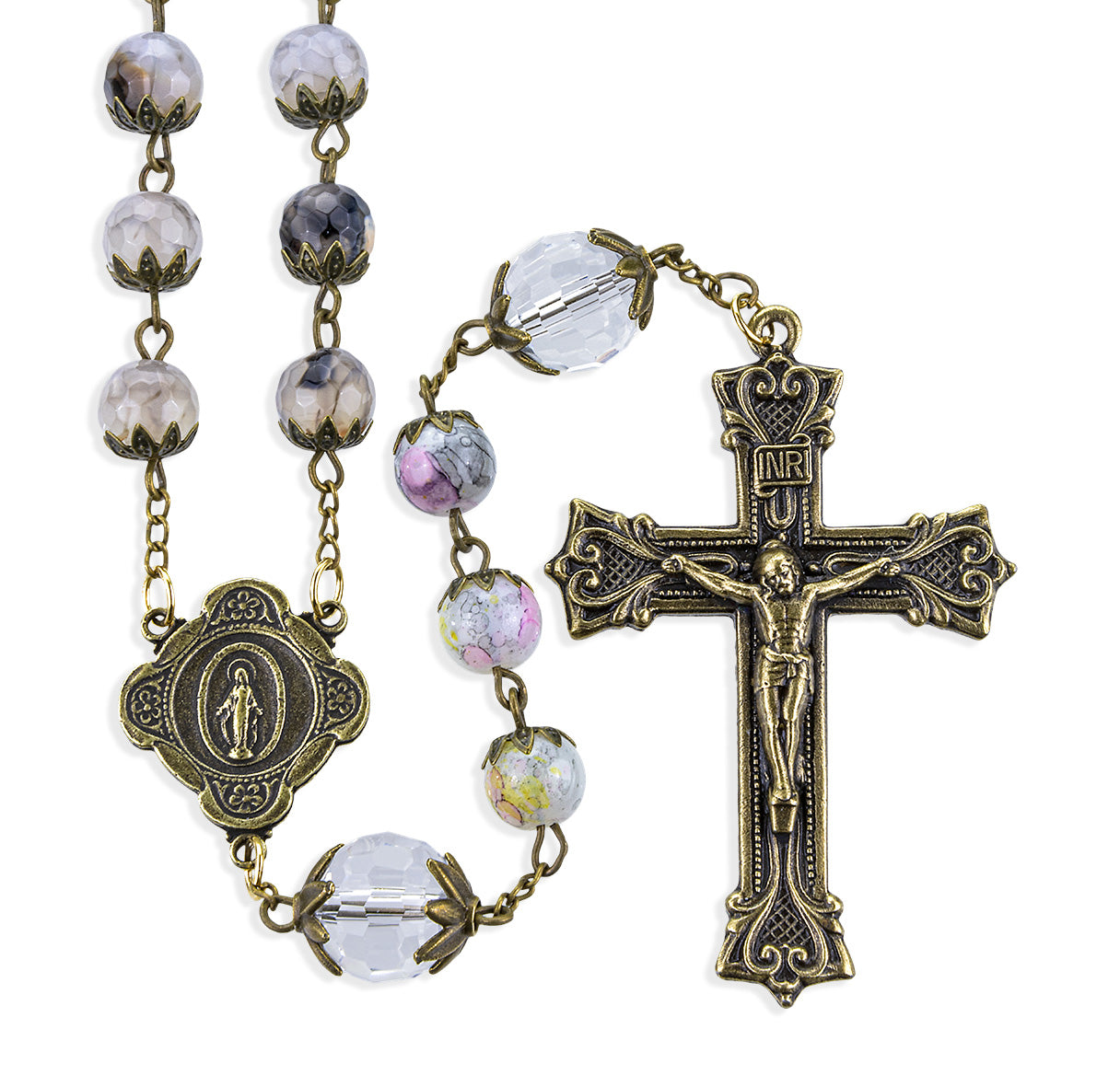 8mm Faceted Agate Beads Capped Crystal O.F. Beads W/ Bronze Finish Crucifix & Center-(P28009GO/P109GO)-Bxd