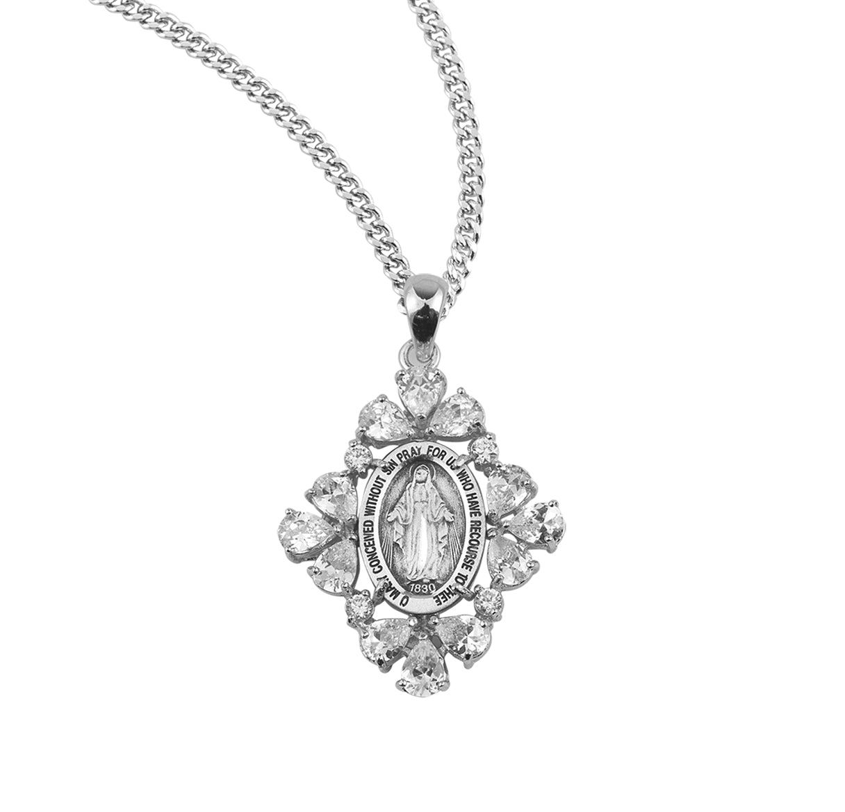 16 Crystal Cubic Zirconia's CZ's w/Sterling Silver Miraculous Medal-20" Ch-Bxd