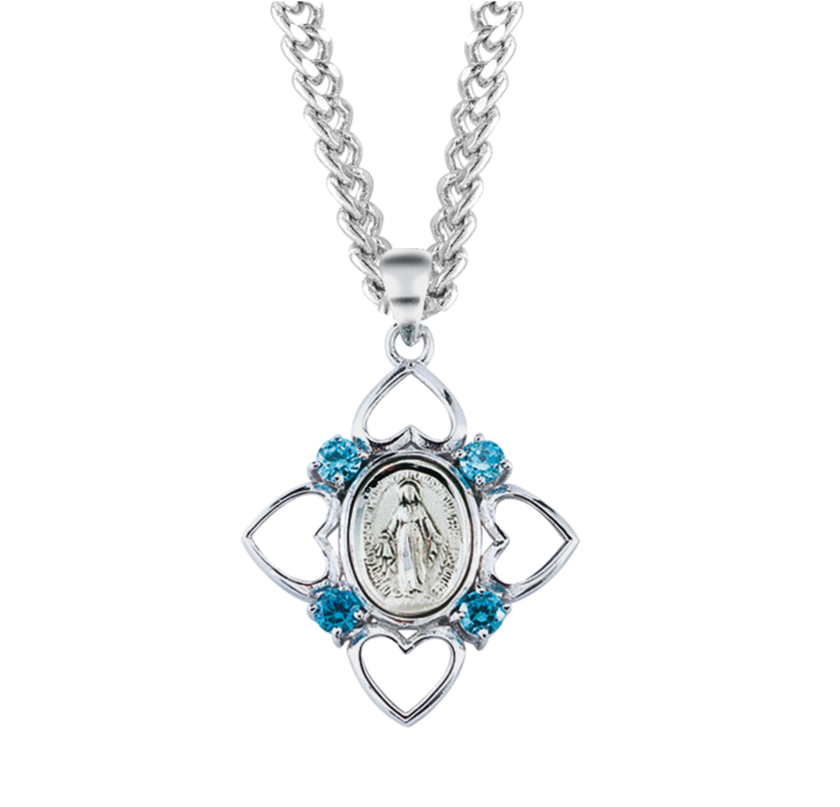 Sterling Silver Miraculous Medal with 4 Hearts and Light Sapphire Cubic Zirconia's CZ's w/18" Ch-Bxd