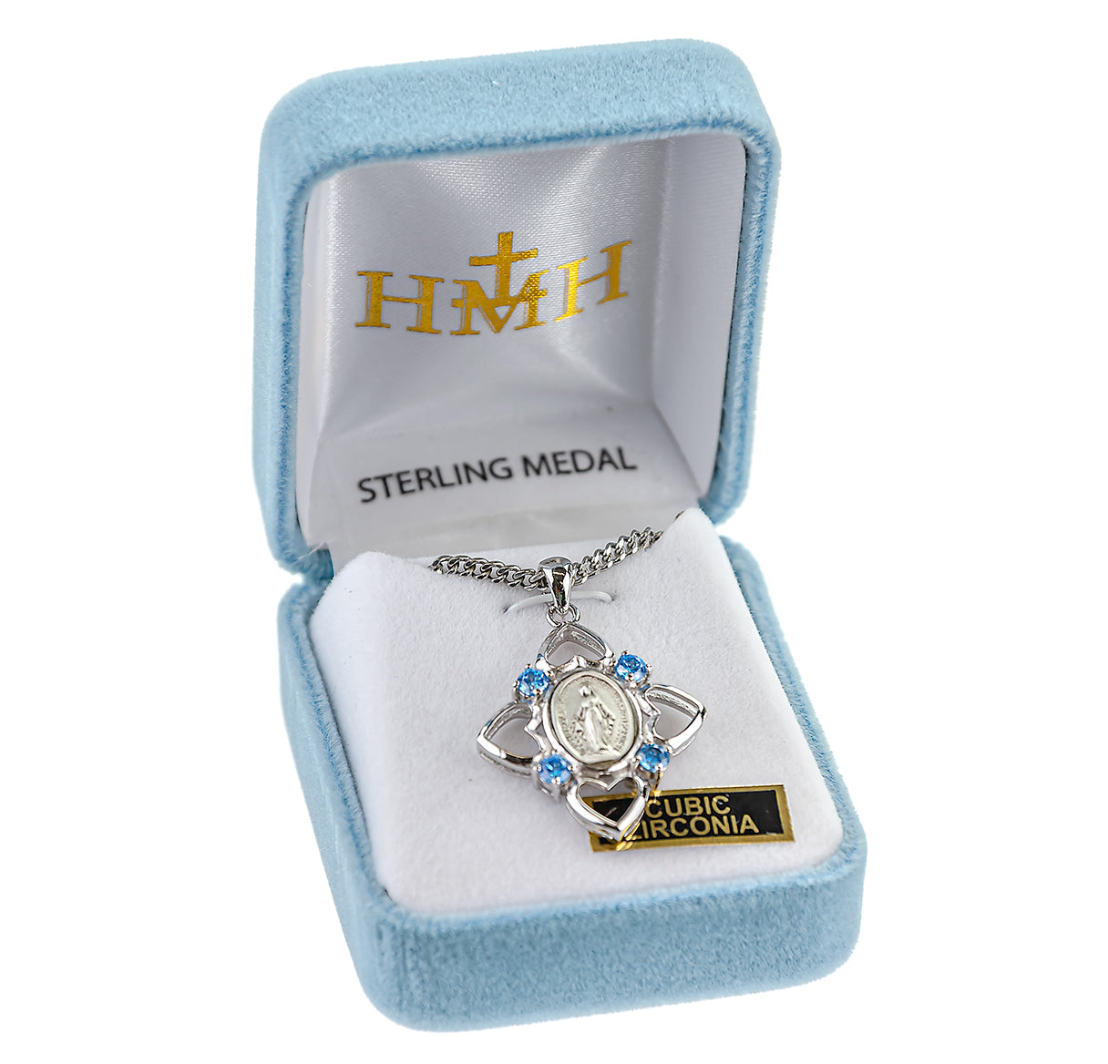 Sterling Silver Miraculous Medal with 4 Hearts and Light Sapphire Cubic Zirconia's CZ's w/18" Ch-Bxd