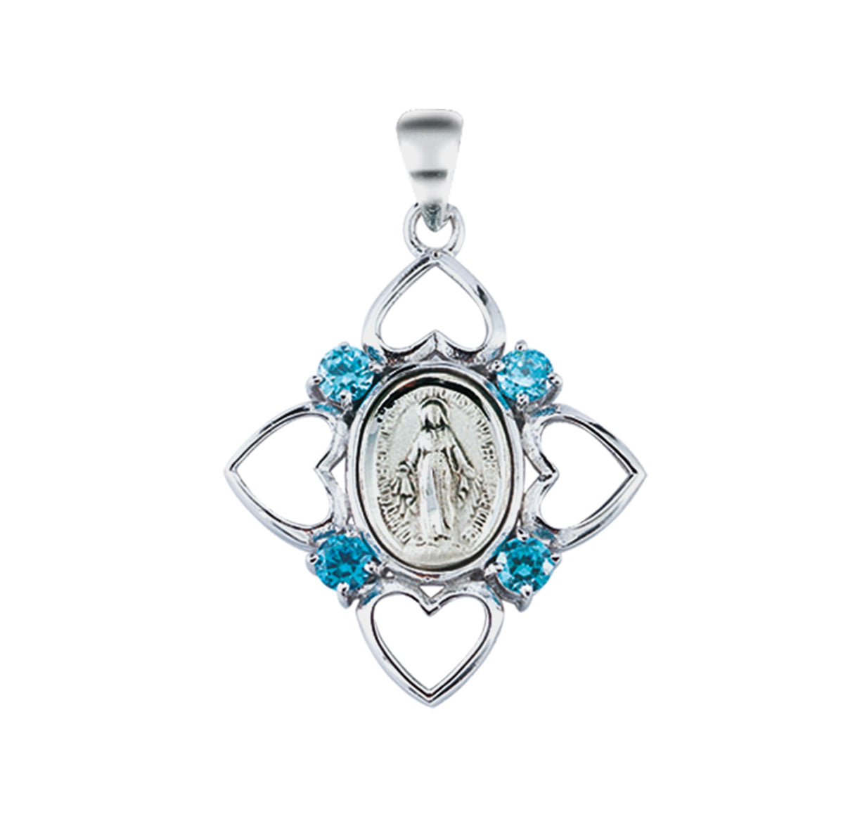 Sterling Silver Miraculous Medal with 4 Hearts and Light Sapphire Cubic Zirconia's CZ's w/20" Ch-Bxd