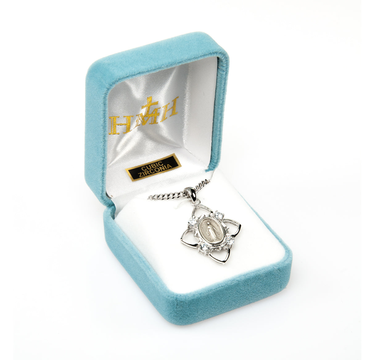 Sterling Silver Miraculous Medal with 4 Hearts and Crystal Cubic Zirconia's CZ's w/18" Ch-Bxd