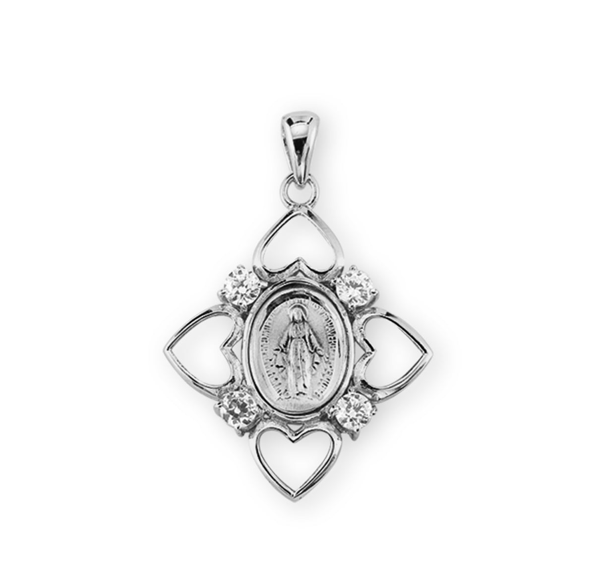 Sterling Silver Miraculous Medal with 4 Hearts and Crystal Cubic Zirconia's CZ's w/18" Ch-Bxd