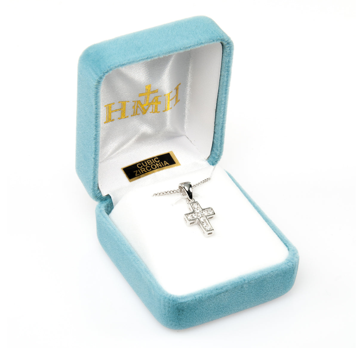 Sterling Silver Small Cross w/Hand Set Cubic Zirconia's CZ's w/16" Ch-Bxd