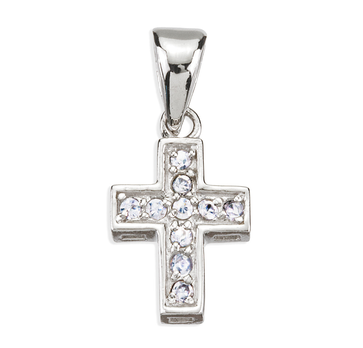 Sterling Silver Small Cross w/Hand Set Cubic Zirconia's CZ's w/16" Ch-Bxd