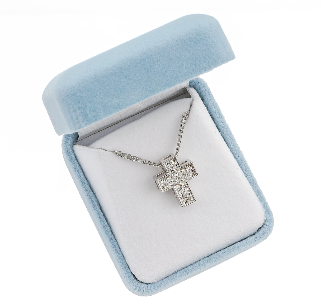 Sterling Silver Med Cross w/Hand Set Cubic Zirconia's CZ's w/16" Ch-Bxd