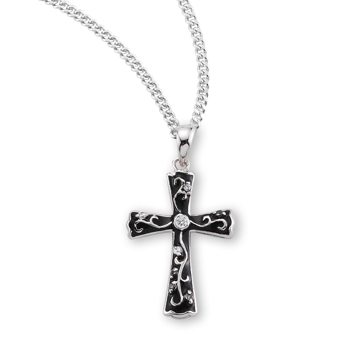 Black Epoxy Sterling Silver Cross with Crystal Cubic Zirconia's "CZ's"