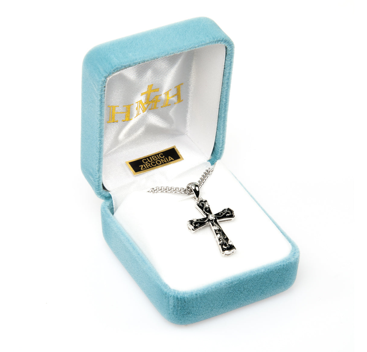 Black Epoxy Sterling Silver Cross with Crystal Cubic Zirconia's "CZ's"