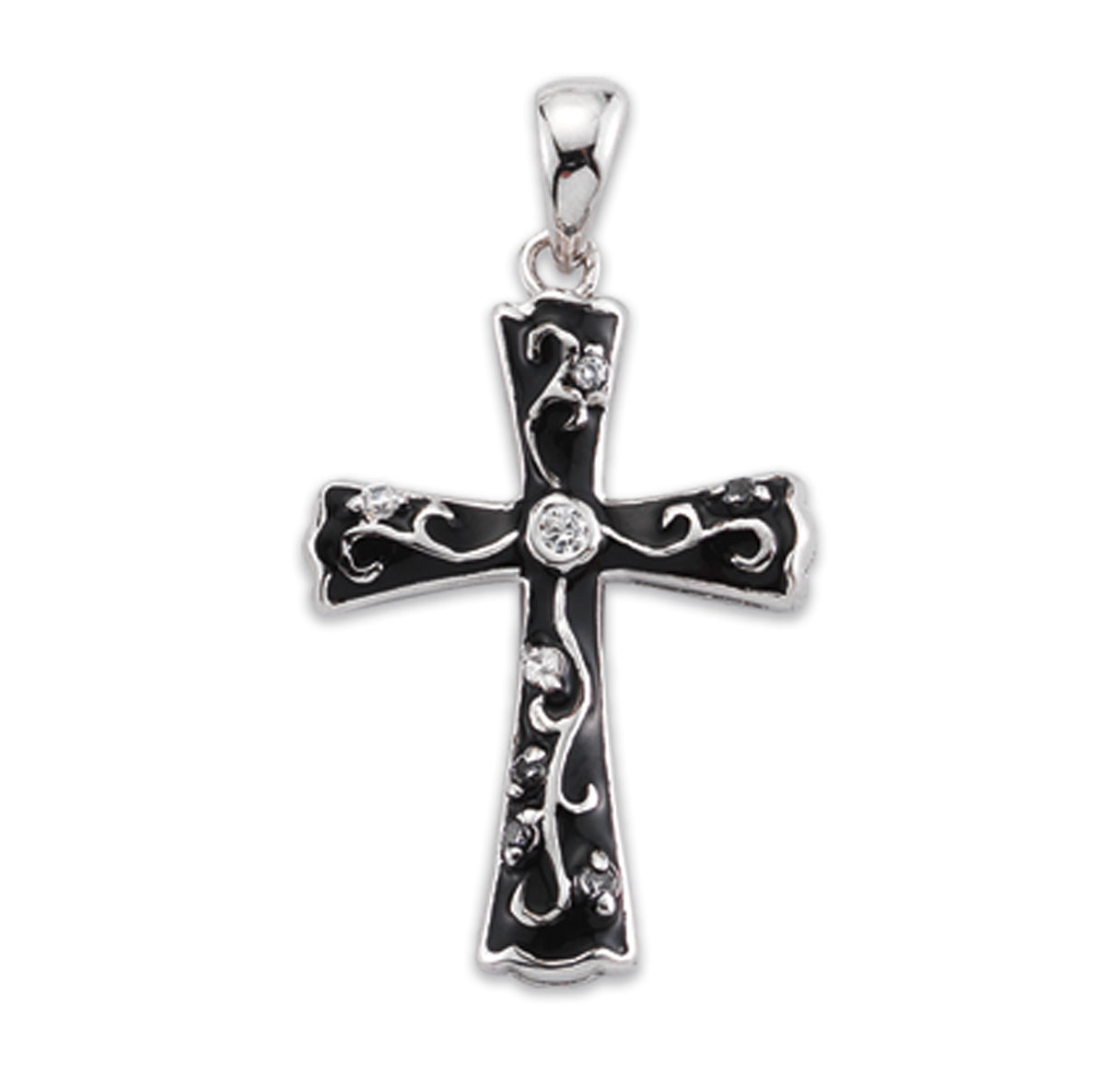 Black Epoxy Sterling Silver Cross with Crystal Cubic Zirconia's "CZ's"