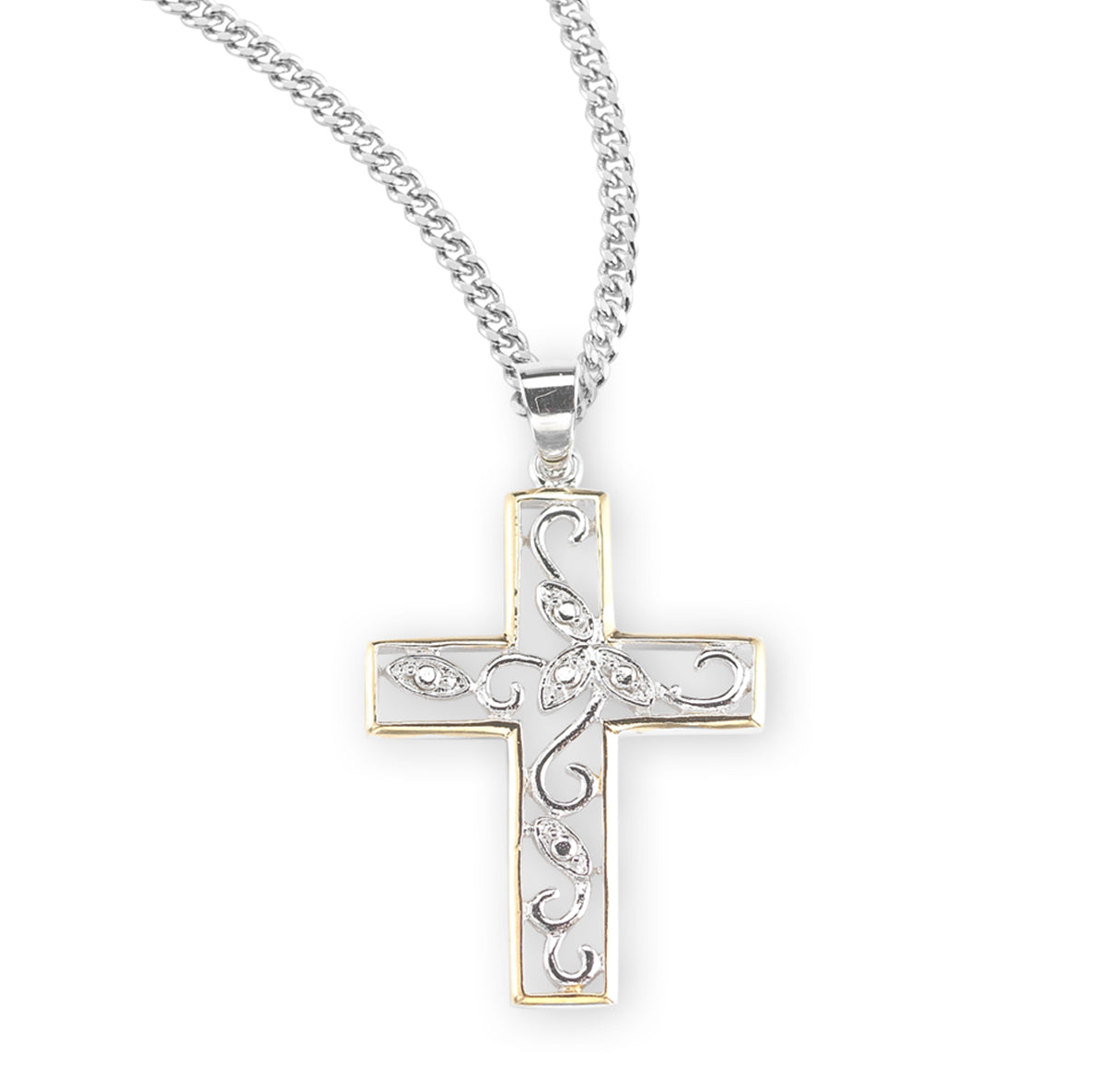Sterling Silver Tu-Tone Vine Design Cut-Out  Cross w/ 20" Ch-Bxd