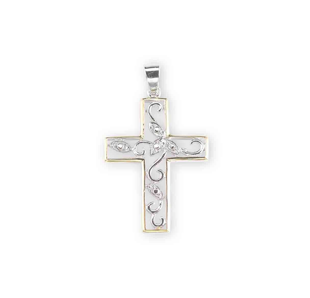Sterling Silver Tu-Tone Vine Design Cut-Out  Cross w/ 20" Ch-Bxd