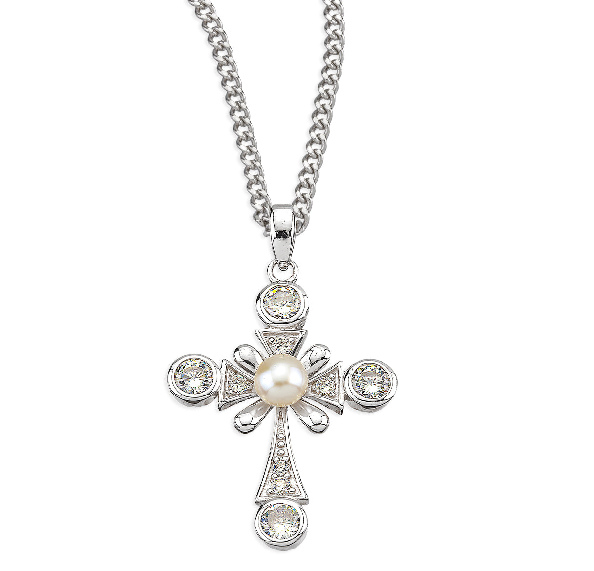 Sterling Silver Cross Necklace with Freshwater Pearl Ctr & CZ Accents