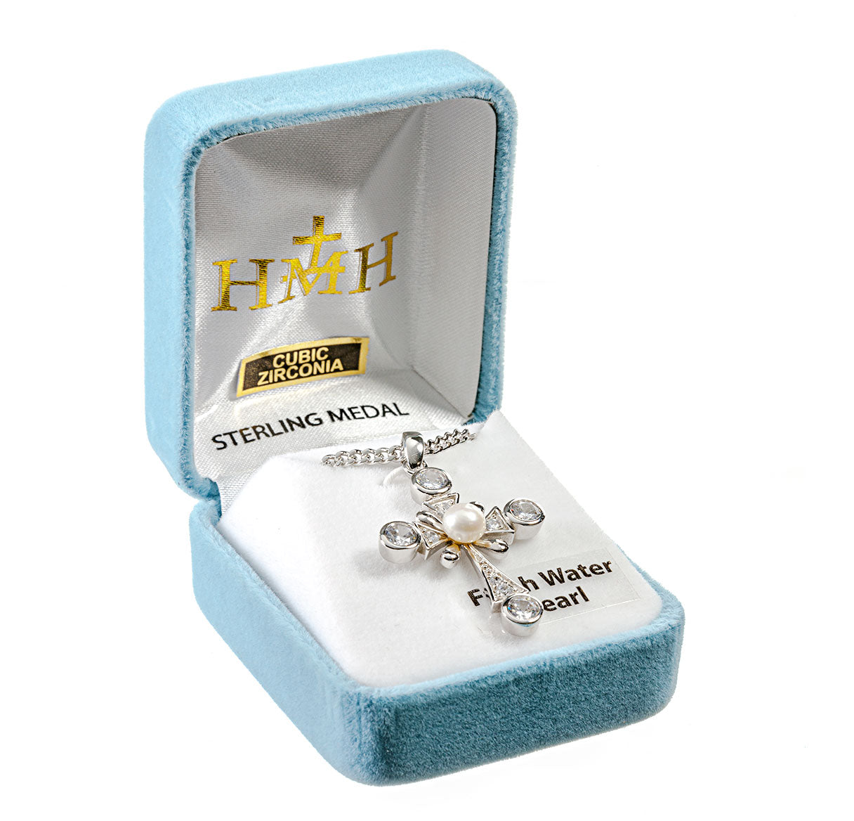 Sterling Silver Cross Necklace with Freshwater Pearl Ctr & CZ Accents